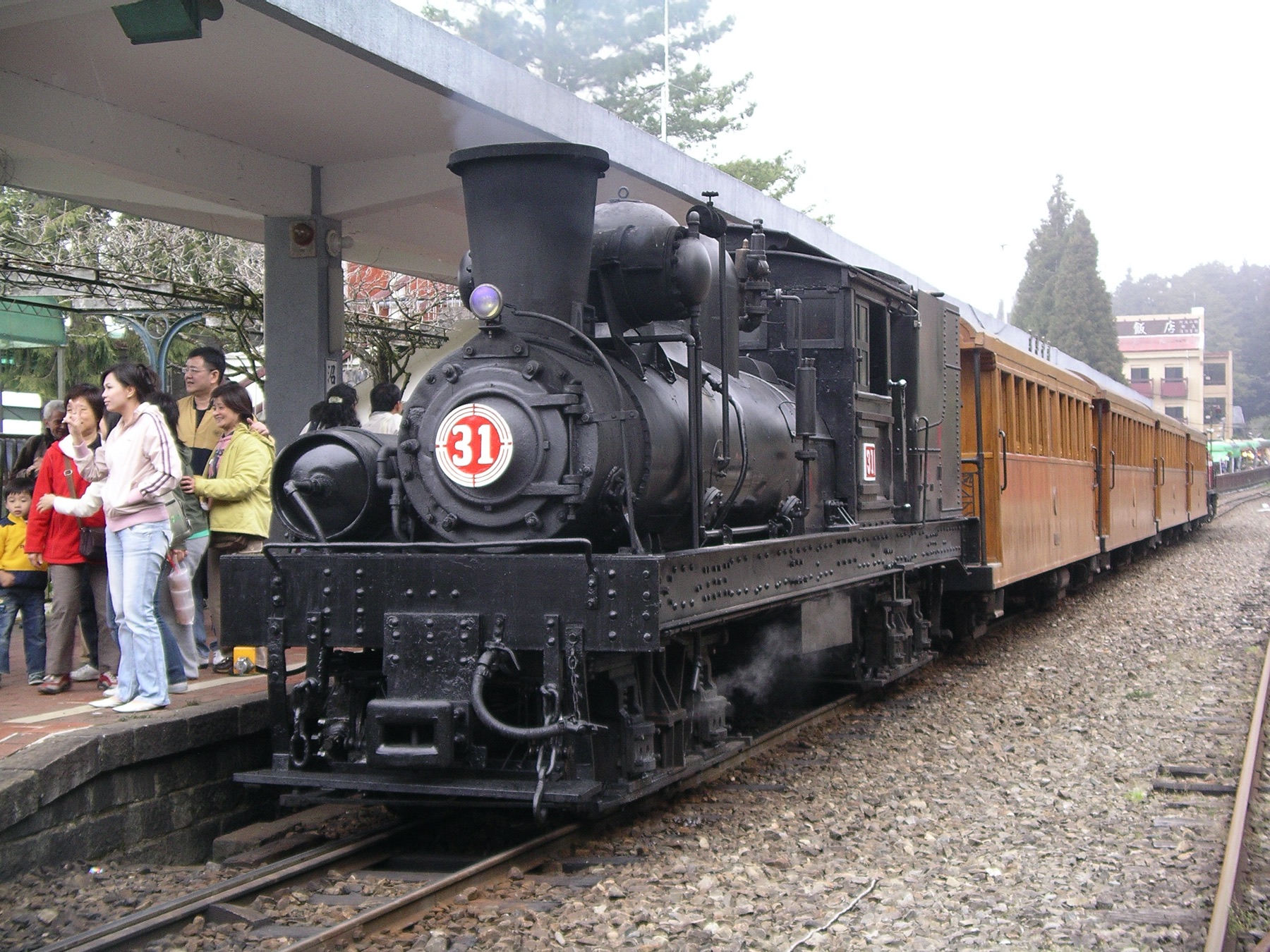 Alishan Forest Railway steam train at a mountain station